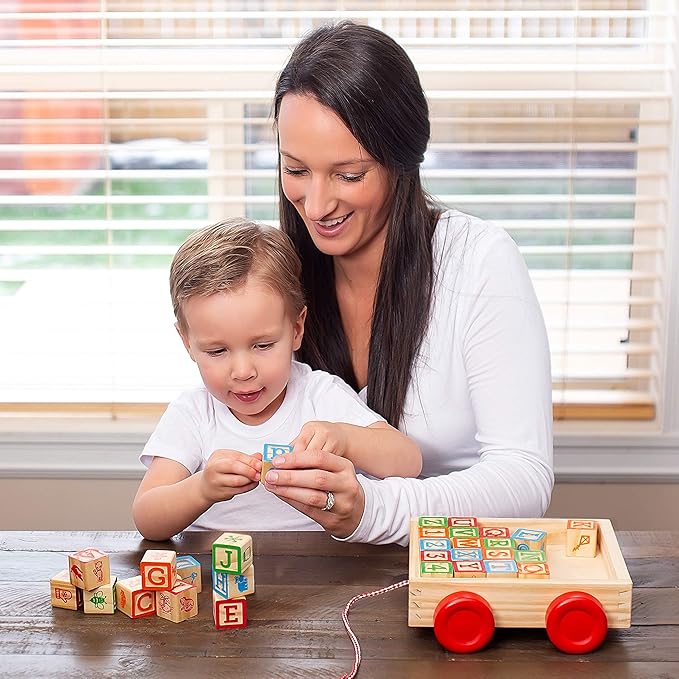 Building Blocks for Toddlers 1-3 Years Old, 30 Large Stackable Wooden Baby Blocks with Alphabet and Number Icons on Every Side, Toy Wagon Included﻿