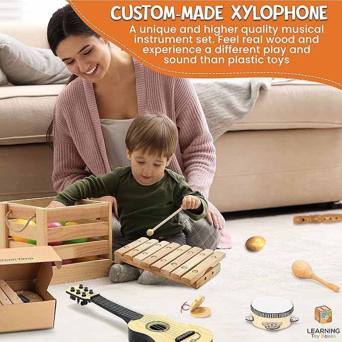 Natural Wood Musical Toys for Toddlers 1-3, Kids Musical Instruments set of 7 items Kids Guitar Egg shakers Flute Instruments Maracas Baby Xylophone Tambourine Castanets, Toddler learning Toys Experts