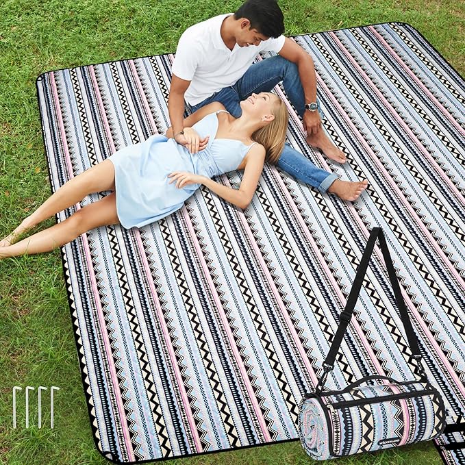 Picnic Blankets Extra Large Outdoor - Beach Blanket Waterproof Sandproof with Shoulder Strap, Machine Washable, Picnic Mat with Stakes for Grass Concert, Park.BohoGeometry