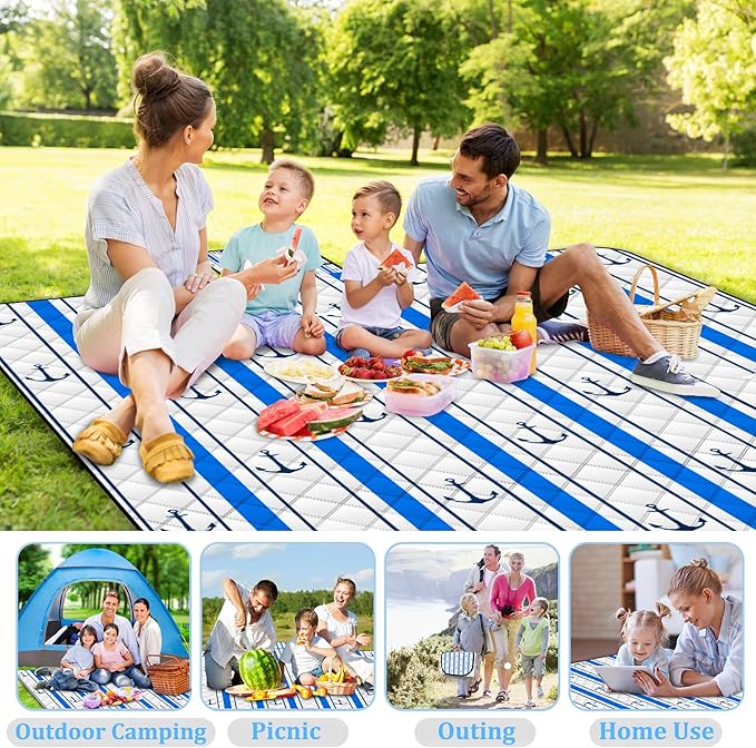 Poedist Extra Large Picnic Blanket Waterproof,80"x 80"Foldable Machine Washable Beach Blanket,Outdoor Blanket for 6-8 Adults,Suitable for Indoor Crawling,Park Beach,Camping,Hiking,Family Travel(Blue)