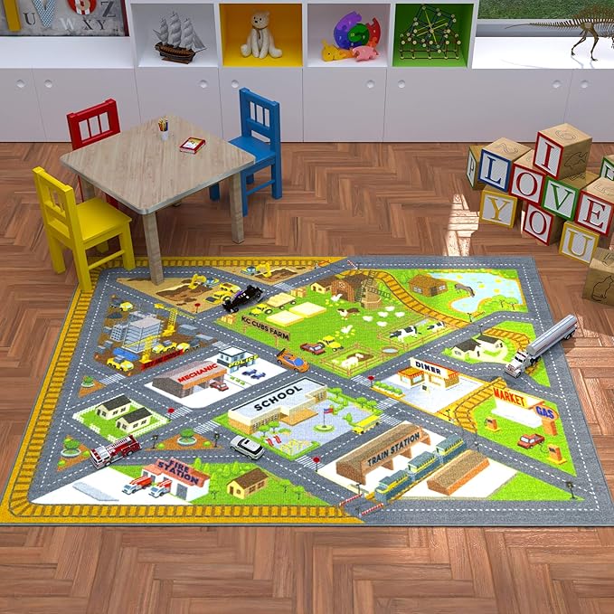 KC Cubs 3x5 Country Farm Construction Car Road Street Rug – Educational Carpet Play Mat for Kids, Toddlers, Nursery, Classroom, Playroom, Baby Daycare