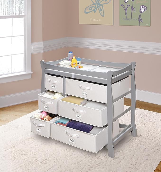 Badger Basket Sleigh Style Baby Changing Table - Diaper Station with 6 Removable Storage Baskets, Safety Rails, Pad, and Belt - Nursery Organizer - Gray/White