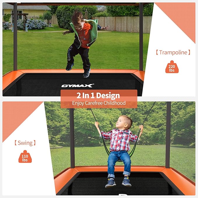 GYMAX Trampoline for Kids, 6FT Toddler Trampoline with Swing & Enclosure Safety Net, ASTM Approved Rectangle Recreational Trampoline for Indoor/Outdoor, Birthday for Baby Boys & Girls