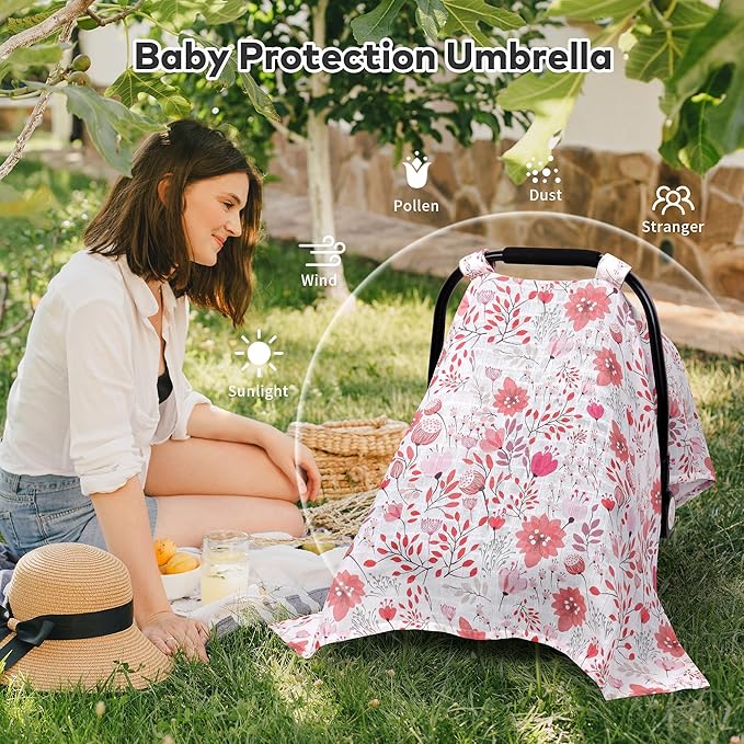 Rquite Muslin Car Seat Cover Baby, Carseat Covers Baby Girl Boy, Breathable Lightweight Infant Car Seat Cover, Baby Carrier Cover Car Seat Canopy Stroller Sun Shade for Summer & Hot Day, Universal Fit