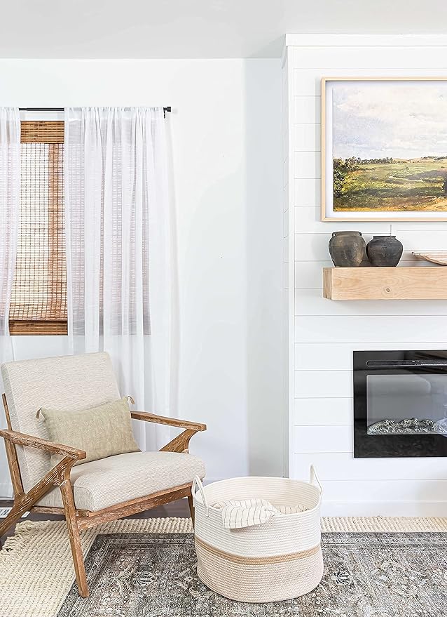 OrganiHaus Boho Woven Basket for Blankets and Laundry, Decorative Large Storage Bin for Living Room, Nursery Basket for Toys & Clothes, Soft Cotton Rope with Handles 20x13 inches - Striped Honey