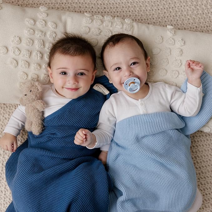 Organic Cotton Heritage Knit Receiving Blanket for Boys - 100% Luxury Soft Organic Cotton - Warm Cozy Swaddle Cuddle Crib Blanket for Newborns Infants & Toddlers (0-2Yrs - Sky Blue)