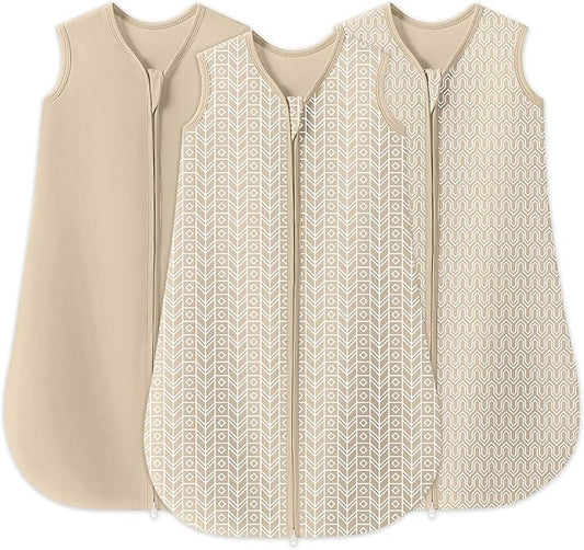 SWEET DOLPHIN Baby Sleep Sack 12-18 Months - 100% Cotton 2-Way Zipper TOG 0.5 Infant Wearable Blanket, Newborn Essentials Toddler 3 Pack Sleeping Sacks - Brown