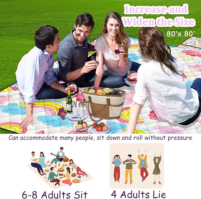 Extra Large Picnic Blanket Waterproof,80"x 80"Foldable Machine Washable Beach Blanket,Outdoor Blanket for 6-8 Adults,Picnic Mat Suitable for Indoor Crawling,Park Beach,Camping,Hiking,Travel (Rainbow)
