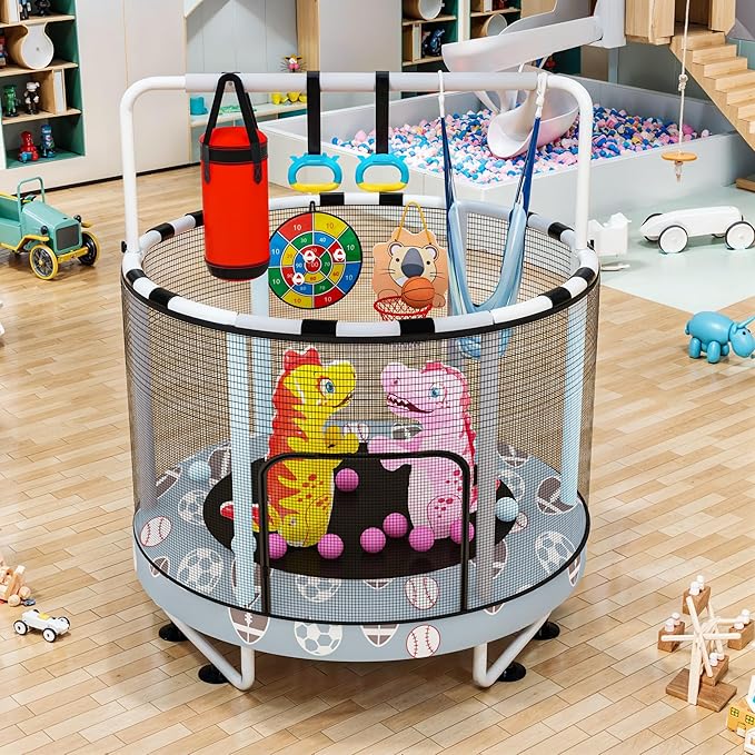 LAMERGE 55" 7-in-1 Round Trampoline for Kids Boys & Girls Ages 1-8, Indoor & Outdoor Trampoline for Fun, Adjustable Height Handrail ＆ Enclosed Safety Net ＆ Durable Designs for Toddlers Children