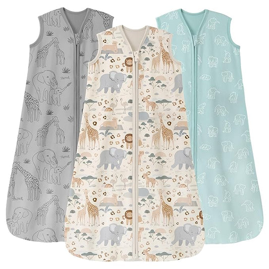 Baby Sleep Sack 18-24 Months 0.5 Tog Wearable Blanket Baby, 3 Pack 100% Cotton Lightweight Sleeping Sack with 2-Way Zipper for Infant Toddler Apricot Gray Green Elephant