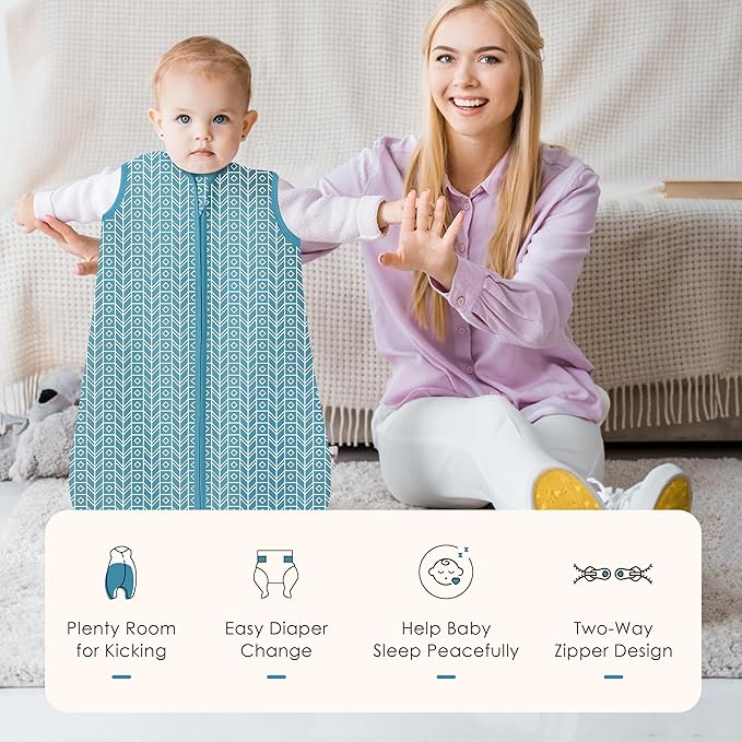 SWEET DOLPHIN Baby Sleep Sack 18-24 Months - 100% Cotton 2-Way Zipper TOG 0.5 Infant Wearable Blanket, Newborn Essentials Toddler 3 Pack Sleeping Sacks - Peacock Blue