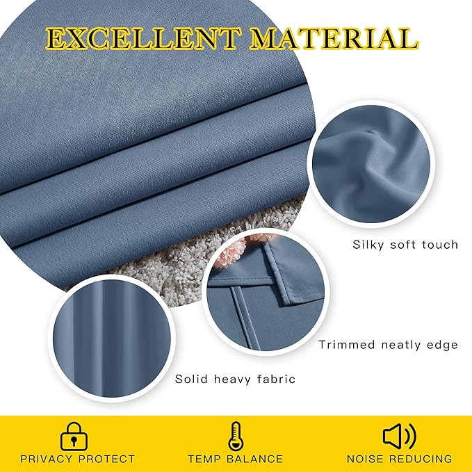 NICETOWN Bedroom Blackout 110 inch Curtains for Sliding Glass Door, Grommet Thermal Insulated Solid Window Treatments Sound Reducing for Living Room, W66 x L110, Stone Blue, Set of 2