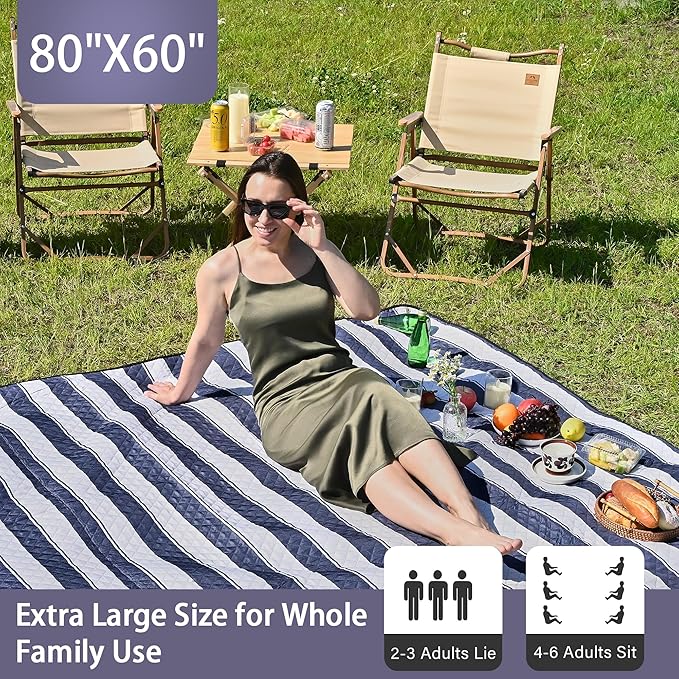 HX&OD Outdoor Picnic Blanket Extra Large, 80''*60'' Waterproof Picnic Mat with Stakes Foldable Camping Blanket Portable with Carry Strap for Beach Mat (Green& White, 80''*60'')