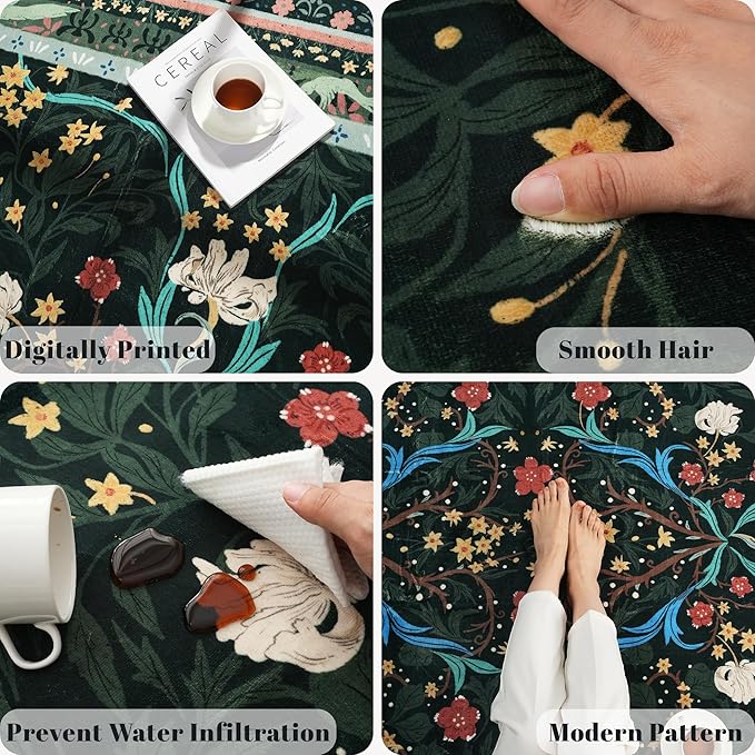 Runner Rug for Kitchen Rug Non Slip 2'x6' Washable Rugs with Rubber Backing Soft Vintage Floral Botanical Carpet Runner for Kitchen, Laundry, Bedroom, Bathroom, Green