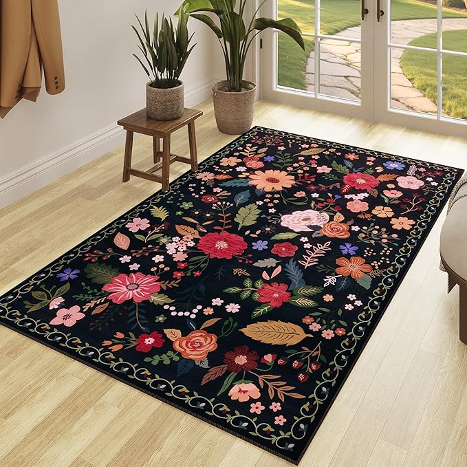 3x5 Area Rug, Floral Black Washable Rug for Entryway, Non Slip Flower Area Rugs, Soft Low Pile Indoor Doormat Small Carpet, Rugs for Living Room Bathroom Bedroom Nursery Kitchen Dining Room