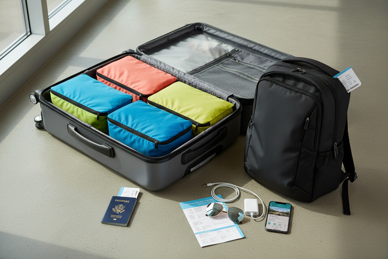 A neatly packed suitcase with packing cubes, a travel backpack beside it, passport and travel accessories laid out—bright, modern travel vibe.
