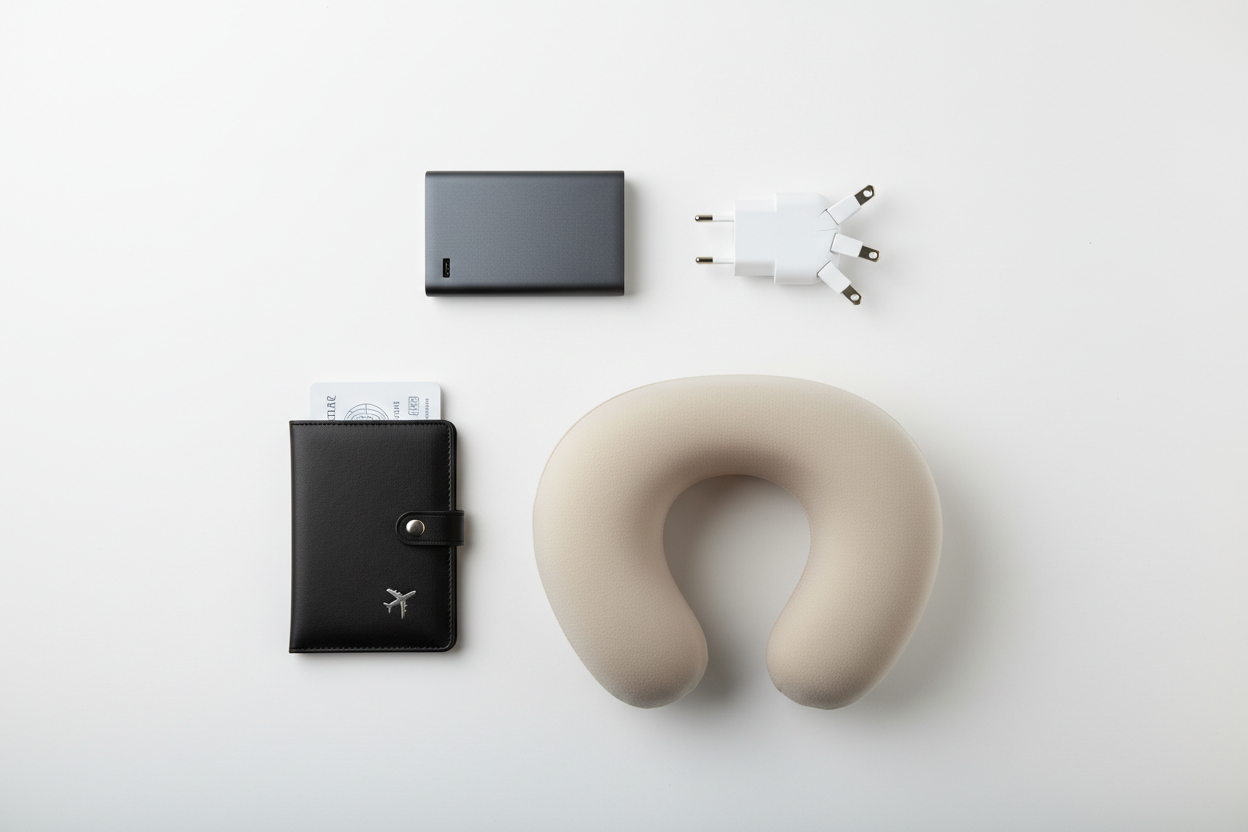 Flat lay of travel accessories: power bank, adapter, neck pillow, passport holder.