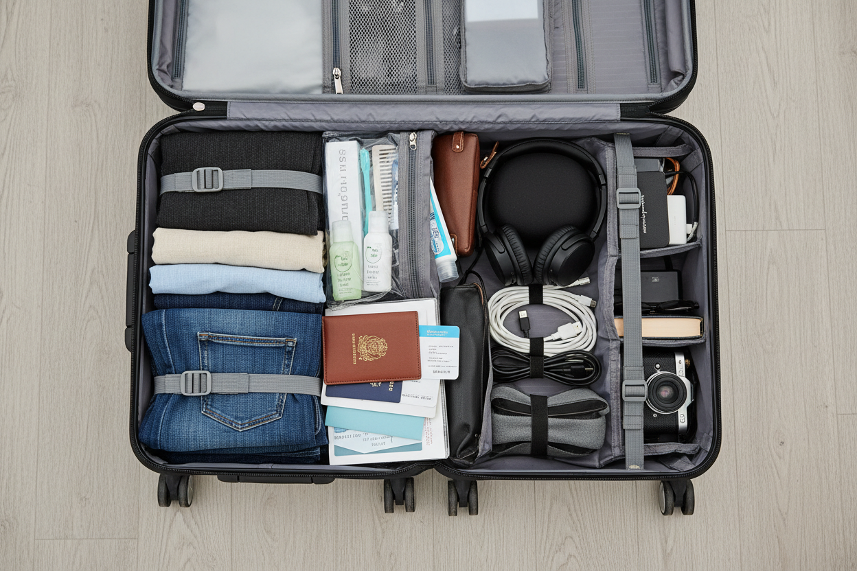 Luggage neatly packed and organized with travel accessories visible