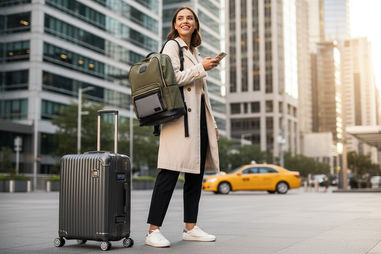 Sleek carry-on luggage and backpack beside a traveler in an airport or city setting.